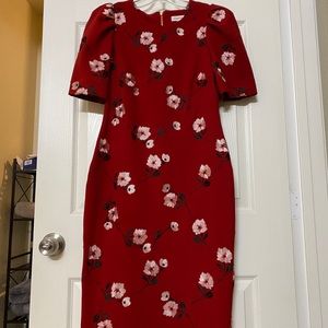 Calvin Klein Sheath Midi Red Floral Dress Size 6